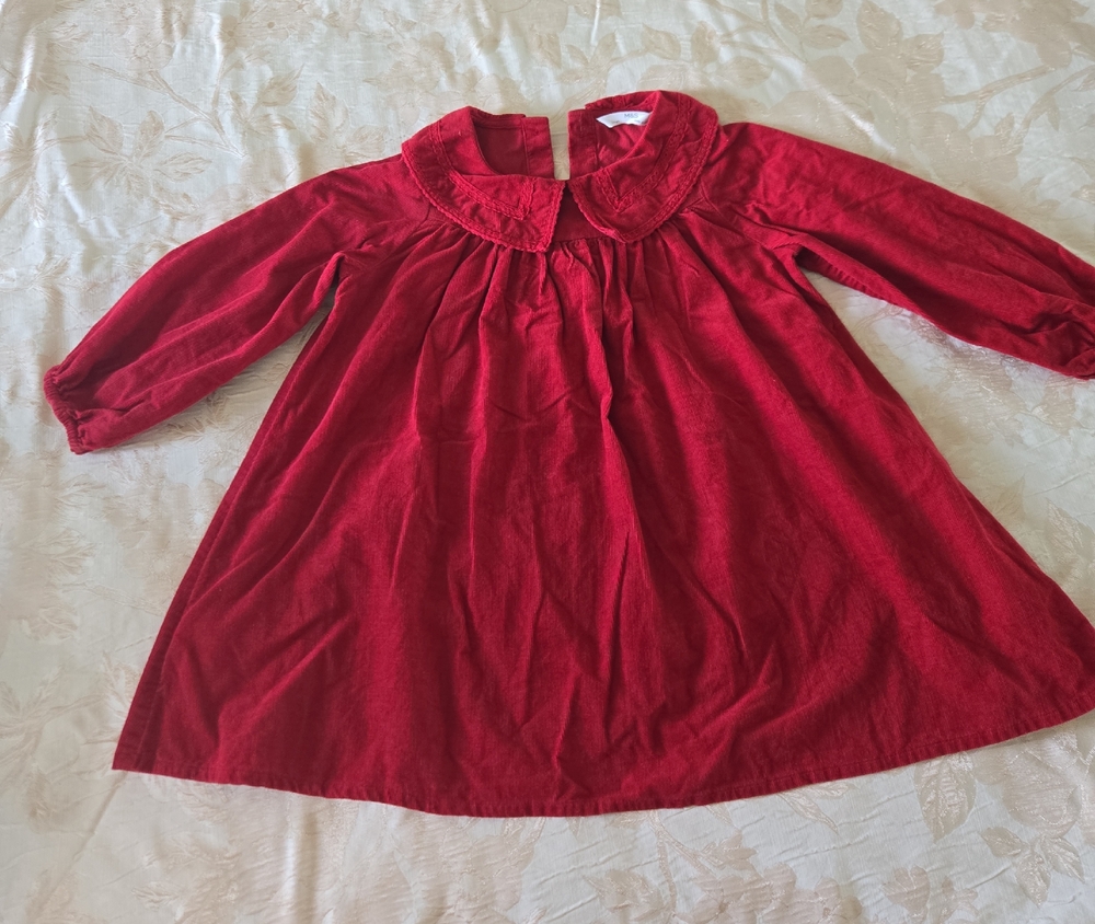 Kids Red Long-Sleeve Casual Dress with Peter Pan Collar
